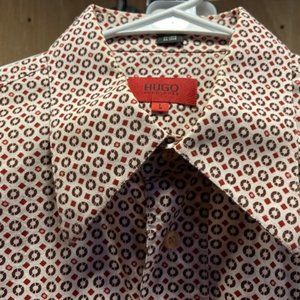 Hugo Boss Long Sleeve Button Dress Shirt, Size L, Red/Brown/Off White, Pattern